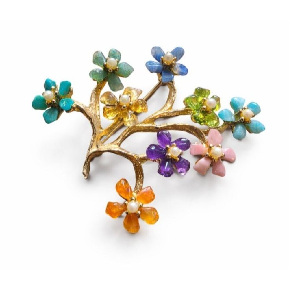 Vintage Swoboda Signed Gemstone & Pearl Flower Tree Brooch Gold Tone